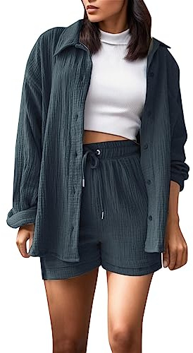 Damen Zweiteiler Sommer Langarm Musselin Hemd Hemdshirt Bluse Kurze Hose Set Plissee Hauseanzug Zweiteiler Set Baumwolle 2 Teilige Freizeitanzug Kurz Einfarbig Oberteil Sportanzug Damen