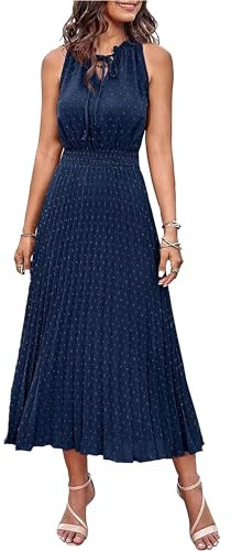 DGCUPODE Ärmellose Swiss Dot Kleider für Frauen Trägerloses Kleid mit V-Ausschnitt und Falten Hochzeitsgast Strand Maxikleider (Dunkelblau,S)