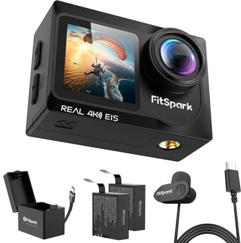 FitSpark Eagle i15 ProMax Real 4k30FPS 20MP WiFi Action Camera Touch Screen EIS Stabilization Dual Screens Underwater Waterproof Sports Camera, 2 Batteries, Dock, External Microphone, Accessories Kit
