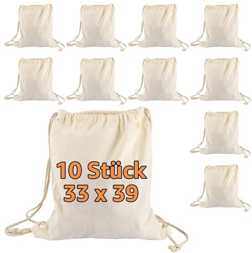SHUESS 10 Stück Baumwollbeutel - Turnbeutel 33x39 cm Sportbeutel mit Kordel - Rucksack, Beutel, Jutebeutel geprüft Stoffbeutel Damen & Herren - Gym Bag, blanko zum bemalen für Sport & Reise