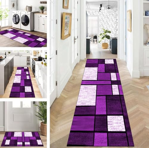 ZUZEKU Läufer Flur Küche Waschbar rutschfest 60X200cm Lila und Weiß Lang Küchenteppich Flurteppich Teppich Fur Korridor Wohnzimmer Schlafzimmer Meterware Anpassbar