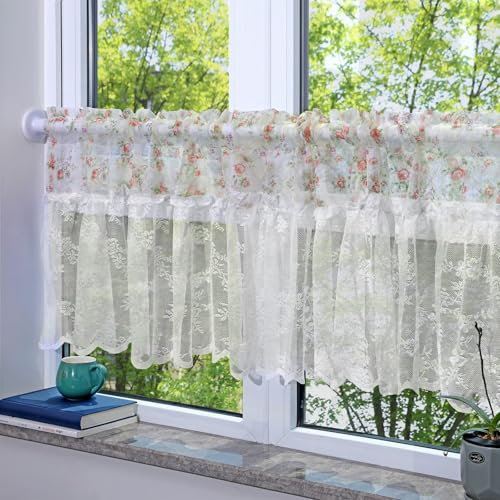 champracer Scheibengardine Landhausstil Kurzgardine Rosa Boho Kurze Vintage Spitze Häkelgardine Scheibengardine Bistrogardine Retro Elegant Cáfe Kurzvorhang (1 Stüick, W 130x H 60 cm)