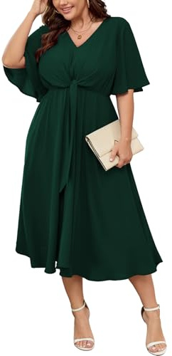 SCOMCHIC Damen-Midi-Kleider in Übergrößen – für Hochzeitsgäste, mit kurzen Ärmeln, V-Ausschnitt, Bindegürtel, lässiges Sommerkleid im A-Linien-Schnitt mit fließendem Fall