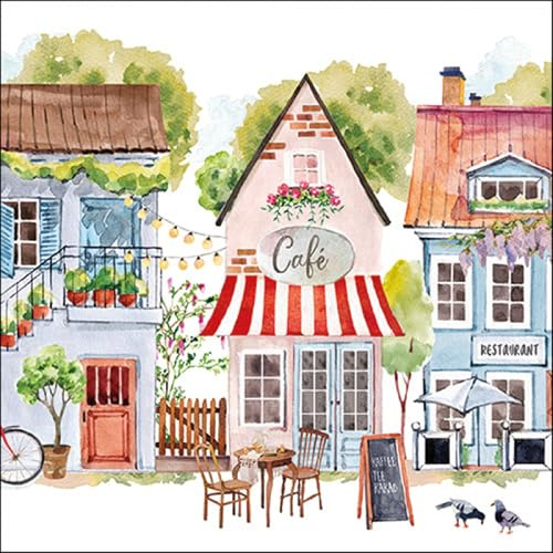 20 Servietten Städte Cafe zwischen Häuser als Tischdeko. Papierservietten mit Motiv. Auch für Decoupage und Serviettentechnik 33x33cm