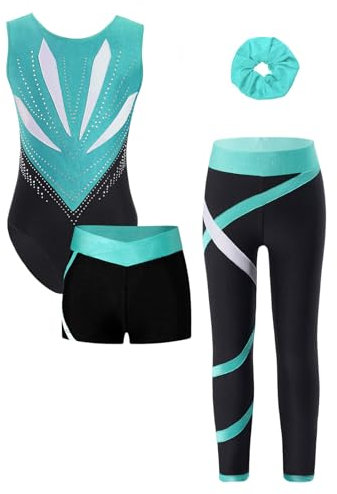 Loodgao Mädchen Ärmellos Turnanzug Streifen Gymnastik Trikot mit Kurze Hose und Lange Leggings Haargummi Eiskunstlauf Kleidung Set Dancewear Blau Grün 134-140