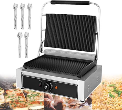 forplubossmmp Tostadora Eléctrica para Sándwiches De Gran Capacidad De 50 A 300 ℃, Tostadora Comercial para Sándwiches, Parrilla Antiadherente, Acero Inoxidable (con 5 Pinzas para Barbacoa),1800W