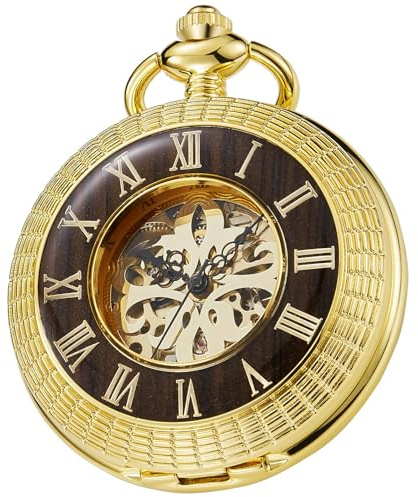 Tiong Vintage Mechanical Pocket Watch Wood Grain Hollow Men's Steampunk Roman Numerals Gold Pocket Watches with Chain Box