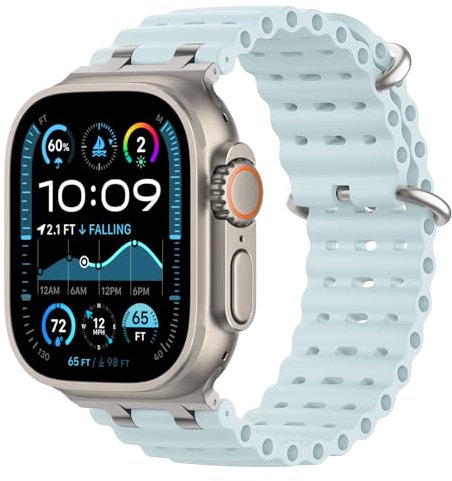 Astorgos Correas Ocean Compatible con Apple Watch Ultra2/Ultra 49mm,S10 46mm,9/8/7 45mm,SE2/SE/6/5/4 44mm,3/2/1 42mm,Correa de Reloj Deportiva con Conector Metálico para Hombre Mujer, Plata/Azul Hielo