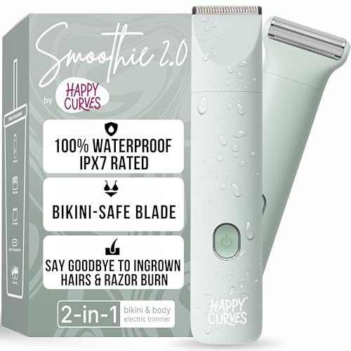 HAPPY CURVES Smoothie 2.0 Bikini Trimmer -Electric Razor for Women, Waterproof Hair Groomer with Adjustable Guards, Personal Shaver for Pubic Hair, Ladies Intimate Shaver and Body Trimmer (Minze)