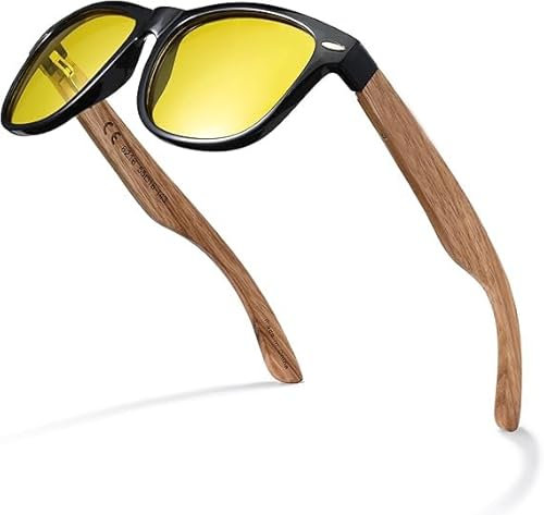 MIAROZ Nachtfahrbrille Autofahren für Herren Autofahrer: Nachtsichtbrille Gelbe Gläser Holz Sonnenbrillen UV400 Schutz - für Fahren Nachtfahrten Radfahren und Laufen