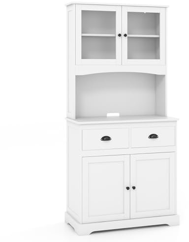 GiantexUK 170cm Tall Kitchen Cupboard, Wooden Pantry Storage Cabinet with Adjustable Shelves, 2 Drawers & Cable Hole, 4-Door Buffet Display Sideboard for Kitchen Dining Living Room (White)