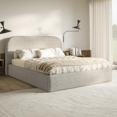 MOTIVENA Mono Bett 160x200 Beige Strukturstoff, mit Stauraum, mit Kopfteil, mit Lattenrost, ohne Füße, ohne Matratze, Polsterbett 160x200 mit Bettkasten Beige (Mix)