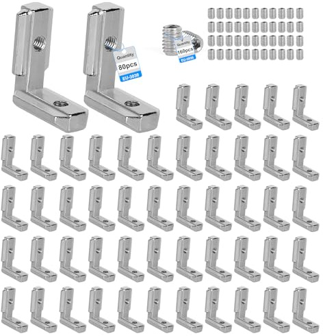 SUPAWAY 80Stk Winkelverbinder Silber Innenwinkel für Aluprofil 3030, Nut 8 | T-Nut 90° Zinklegierung Klammern Außenwinkel Eckverbinder für 30er-Serie Europäischer Standard-Alu-Profil mit 160 Schrauben