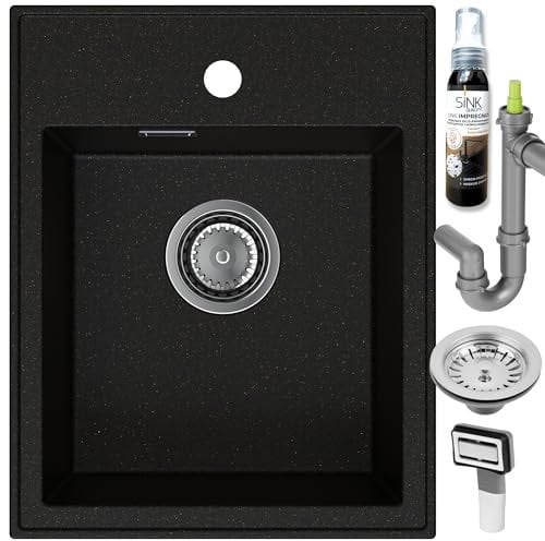 SINK QUALITY Spülbecken Schwarz mit Gold flecken 40x50 cm - Granitspüle mit Siphon und Imprägnierung - Spüle ohne Abtropffläche - Kleines Spülbecken für Küche für Unterschränke ab 40 cm Breite