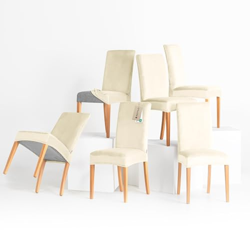 RESTILO Stuhlhussen 6er Set Stretch Stuhlhussen Abnehmbare Waschbare Stuhlbezüge Esszimmerstühle Elastischer Stuhl Überzug für Esszimmer Küche Restaurant Hotel Bankett Hochzeit Party, Sento Creme