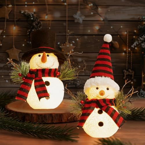 SPERMUOY Weihnachten Schneemann Deko, 2 Stück Schneemann Deko Figuren mit LED, für Innen, Kamin, Büro, Zimmer