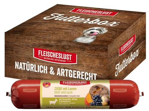 Fleischeslust Hundewurst | Ziege & Lamm mit Steckrübe, Kürbis & Heidelbeere | Futterbox (8x400g) | Nassfutter | schnittfest | getreidefrei | Alleinfuttermittel für ausgewachsene Hunde