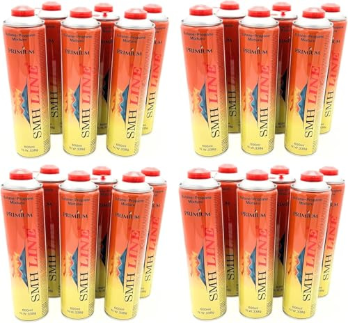 SMH LINE Lot de 24 cartouches de gaz universelles de 600 ml pour réchaud à gaz, désherbeur, brûleur à gaz, mélange propane butane 7/16, filetage européen EN417, cartouche à vis, chalumeau à souder