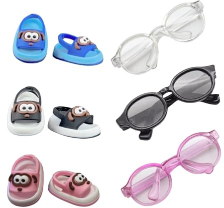 3 Brillen in Rosa Schwarz Transparent+3 Paar Puppenschuhe passend für 17 cm Mini-Puppen Zubehör für kleine Plüschtiere Outfit