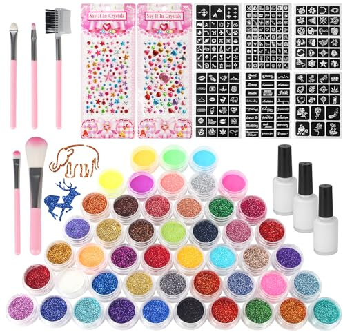 Glitzer Tattoo Set Kinder, 48 Farben, 192 Schablonen, 5 Pinsel | Mit 3 Tattoo-Klebern und 2 Glitzer-Stickern für temporäre Tattoos, Partys, Geburtstage, Halloween und kreative Bastelideen