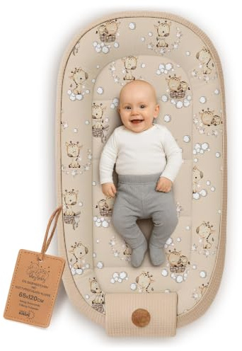 Babynest Neugeborene Nestchen Baby 90x50 cm - Kokon Handmade zweiseitig aus Baumwolle Waffel mit Babynestchen Giraffen