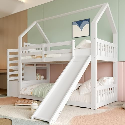 BTM =(WX000402AAA-3 Etagenbett Stauraumtreppe Rutsche, Hausbett Ohne Matratze Kinderbett Geländer, geeignet Kinder Jugendliche 90x200 cm Weiß