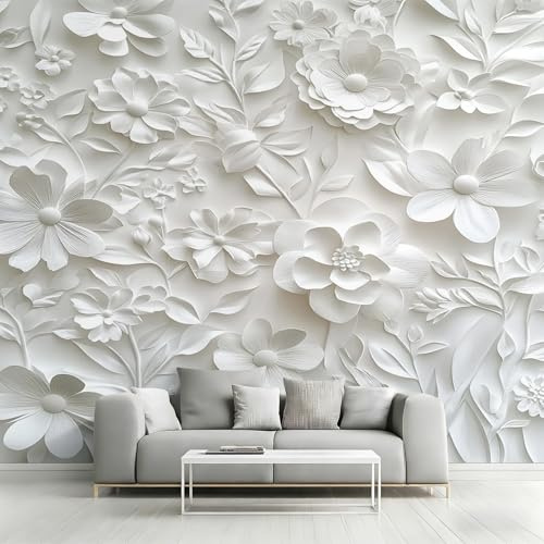 Non-Woven Embossed Floral Wallpaper - 3D White Flower Leaves Wall Mural for Bedroom, Living Room Background Decoration, Home Decor Photo Wall Paper 500x350 cm (WxH)