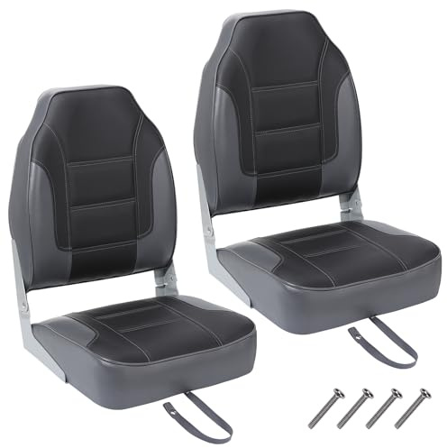 GarveeHome High Back Folding Boat Seats 2 Pack, Thick Padded Marine Fishing Chairs, Water-Resistant PVC, Aluminum Hinges, Fold Down Design, Comfortable for Pontoon, Speedboat, Canoe, Deck