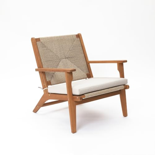 Hometopia 65x73cm Gartenstuhl Holz - Akazienholz Outdoor Sessel Gartenstühle Seilbespannung Gartenstühle Geflochtener Rückenlehne mit Kissen, 150kg Tragfähigkeit für Balkon, Garten, Terrasse (Natur)