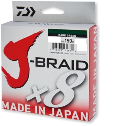 Daiwa J-Braid 8 Braid 0.16mm, 9.0kg / 20.0lbs, 300m dunkelgrün, rund geflochtene Angelschnur