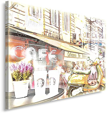 Feeby, Leinwandbild, Bilder, Wand Bild, Wandbilder, Kunstdruck 40x60cm, Collage, Moderne, Paris, Gasse, Kaffee, Vintage, Vespa, Roller, Multicolor