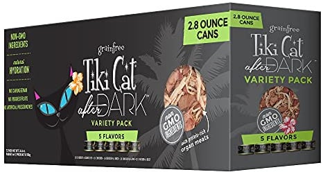 Tiki Cat After Dark Getreidefreies, kohlenhydratarmes Nassfutter mit echtem zerkleinertem Fleisch für Katzen und Kätzchen, 80 ml, 12 Stück, (Verpackung kann variieren)