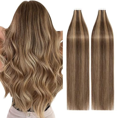TESS Tape Extensions Echthaar Blond 40 Stück 60 cm Haarverlängerungen Remy Human Hair günstig 100 g Tape in Extensions Echthaar (#04/27 Schokobraun/Dunkelblond 40er Pack)