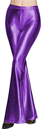 FYMNSI Damen Metallic Glänz Schlaghose Weite Bein Palazzo Hosen Hoher Bund Boot Cut Glitzer Lange Hose Schlanke Leggins Einfarbig Wet Look Stretch Leggings Tanzhosen Party Disco Clubwear Lila L