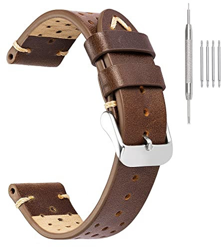 EACHE Rally Racing Leder Uhrenarmbänder, Perforierte 20mm Leder Uhrenarmbänder Ölgewachste Lederarmbänder Retro Braun