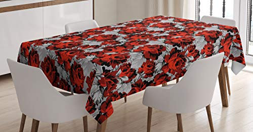 ABAKUHAUS Blumen Tischdecke, Rosen Vintage Valentines, Personalisierter Druck mit Klaren Farben Waschbar Wasserfest kein Verblassen, 140 x 240 cm, Schwarz Grau Rot