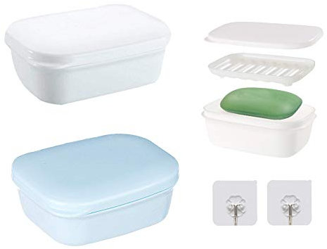 EQLEF Boite pour Savon de Voyage Portable - Support avec Couche de Drain Étanche et Anti-Fuite pour Salle de Bains, Maison, Extérieur - Bleu et Blanc - 2 Pcs (Carré)