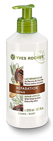 Yves Rocher Loción corporal nutritiva con manteca de karité orgánica, para piel seca y picante, probado dermatológicamente, botella de bomba de 13.2 fl oz