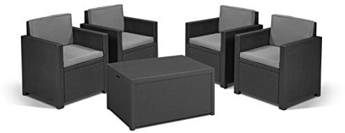 Koll Living Lounge-Set Nizza, 5-TLG. Graphit, 4 Sessel + 1 Tisch - ansprechende Sitzgruppe in Rattanoptik für den Garten, Terrasse oder Balkon - bequem und robust - Tisch mit Stauraum für Sitzauflagen
