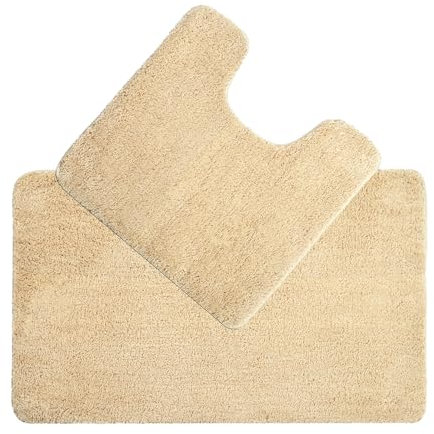 Allure Luxury Two Piece Bath & Toilet Mat Set, Non-Slip, Deep Pile Soft & Absorbent Microfibre, Quick Dry, Easy Care (Beige)