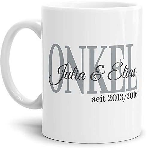 Tasse - Onkel seit - zum selbst Gestalten mit Kindernamen und Geburtsjahren - Geschenk für den besten Onkel - Keramiktasse, Weiß Glanz, 300 ml