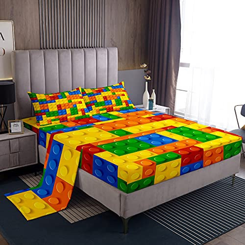 Kinder-Bettwäsche-Set, volle Größe, farbige Bausteine, Spielzeug-Ziegel-Bettlaken für Jungen und Mädchen, Kinderzimmer, Bettwäsche-Set mit Bettlaken, Spannbetttuch, Kissenbezug, 4-teilig
