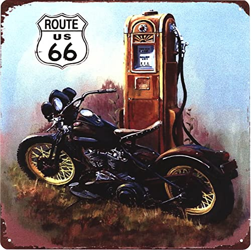 Blechschild Route 66 US Motorrad Zapfsäule 30 x 30 cm Geschenk-Idee aus Metall Vintage-Design zur Dekoration