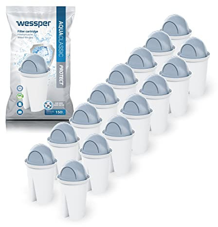 Wessper Classic Wasserfilter Kartuschen für hartes Wasser | Ersatz für Aquaphor Standard, Brita Classic, Dafi Classic Filterkartusche | Reduziert Kalk und Chlor | Reineres Wasser | Pack 15