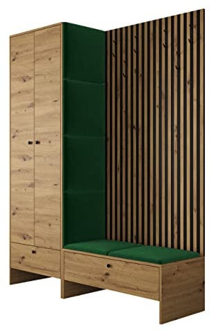 Mirjan24 Garderoben-Set Melire III, Kleiderschrank Schuhschrank Lamellen Paneel mit Kleiderhaken Gepolstertes Paneel/Wandpaneel Kleiderstange Wandgarderobe Flurgarderobe (Eiche Artisan, Manila 35)