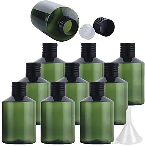 ZEOABSY 10 Pièces 50 ML Vert Bouteille en Plastique avec Bouchon Scellé à Vis Noir et Réducteur D'orifice, Vider Bouteille Ronde Épaule Plate pour Cosmétiques Liquides (UNSQUEEZABLE)