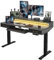 FEZIBO Stehtisch mit 2 Schubladen & Tastaturablage, 140 x 60 cm Sitz-Steh-Schreibtisch mit Monitorständer & LED-Streifen, Rustikal Grau