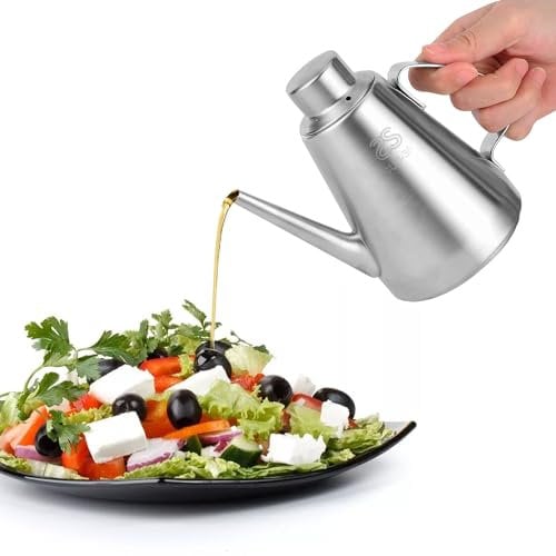 Tissting Speiseölkanne 460ml Ölkanne Edelstahl Olivenöl Ölspender, Lange Öffnung Zutatenspender Ölflasche Gewürzkessel Kännchen für Öl, Essig, Sauce