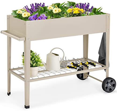 GOPLUS Hochbeet mit Rollen, erhöhtes Gartenbeet mit Bodenregal, Griff, Haken & Drainageloch, mobiles Pflanzbeet Metall, Pflanzkasten Outdoor, Blumenkasten für Garten, Terrasse & Balkon (Weiß)