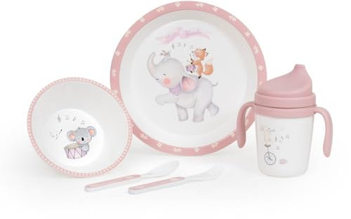 Danielstore Vajilla Bebé 5 Piezas | Apta Microondas y Lavavajillas | Libre de BPA | Incluye Plato, Cuenco, Cubiertos y Vaso con Pitorro, Juego de 5 Piezas | Babero incluido(Music rosa)